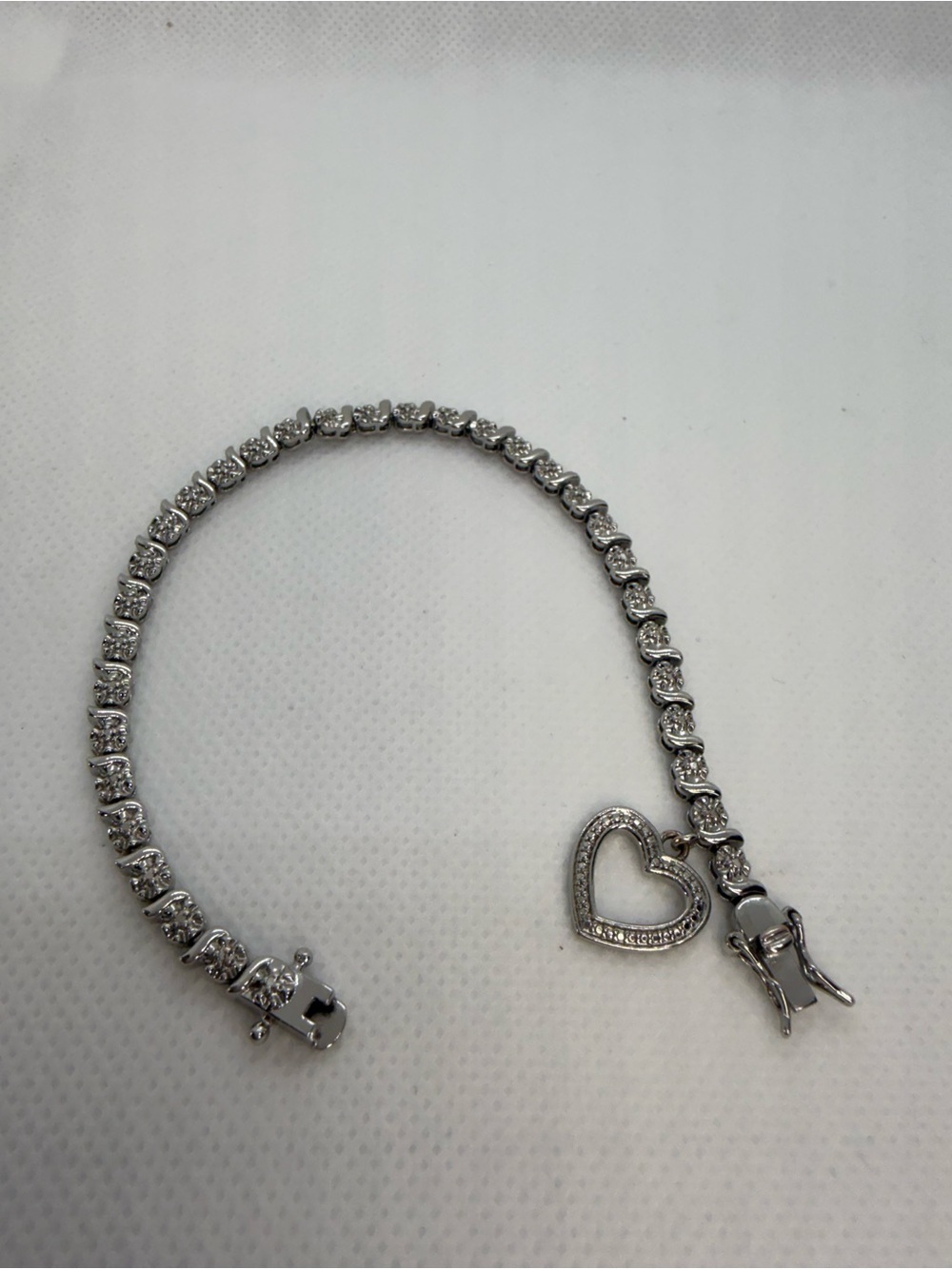 PAJ CZ Tennis Bracelet Heart Charm Silver Tone 7.5” Bracelet